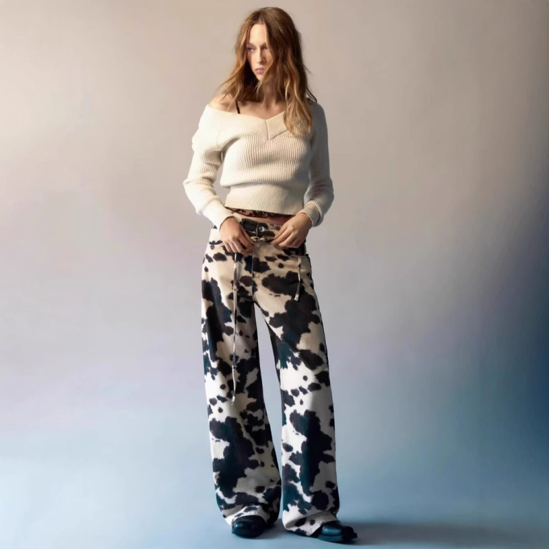European and American Cross-Border American Retro Cow Print Washed Jeans for Men and Women, Vintage Loose Straight Pants for Women European and American Cross-Border American Retro Cow Print Washed Jeans for Men and Women, Vintage Loose Straight Pants for Women