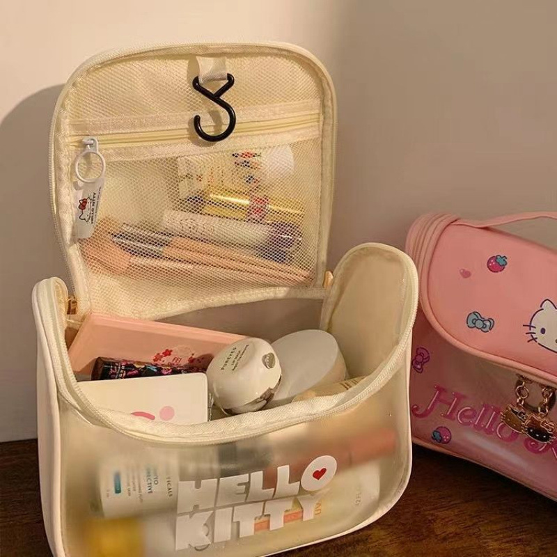 見た目の良い女性のための新しいかわいいキティ猫の化粧品バッグ、ポータブル大容量旅行用トイレタリーとスキンケア製品の収納バッグ|undefined