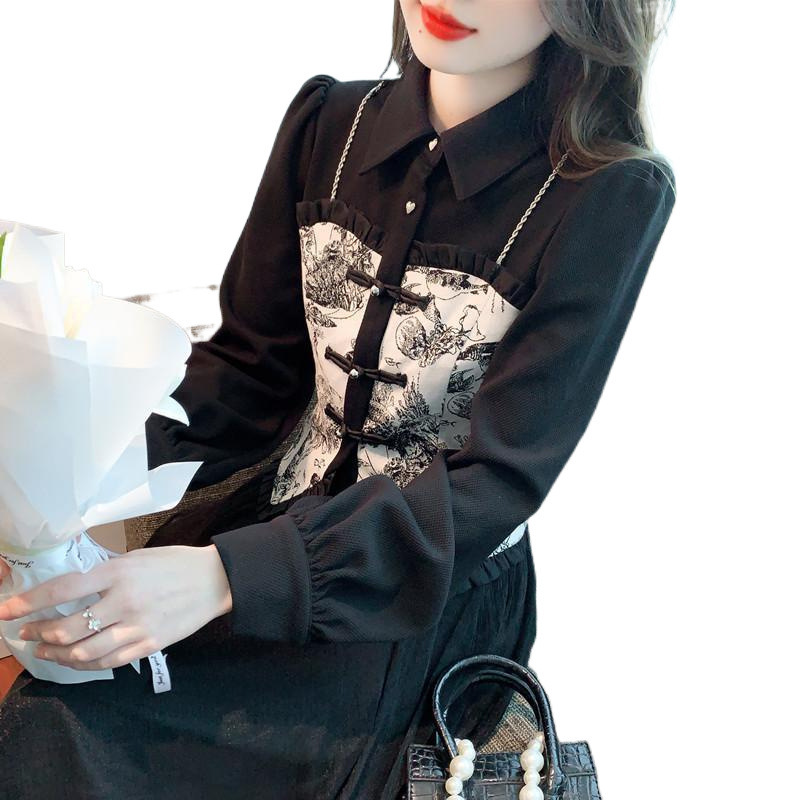 假两件复古拼接衬衫女秋新款新中式短款洋气卡腰长袖国风上衣小衫|undefined