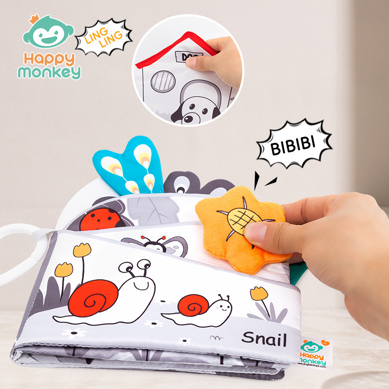 Happy monkey libro de tela tridimensional, entrenamiento visual para bebés, juguetes de educación temprana para bebés que no se pueden desgarrar.