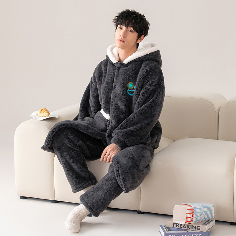 Pijamas de hombre Otoño e Invierno engrosado forro polar coral polar camisón traje de invierno franela Albornoz simple homewear