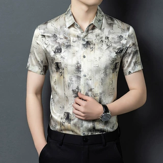 2026夏季重磅印花桑蚕丝短袖衬衫薄款中青年休闲真丝衬衣冰丝男装