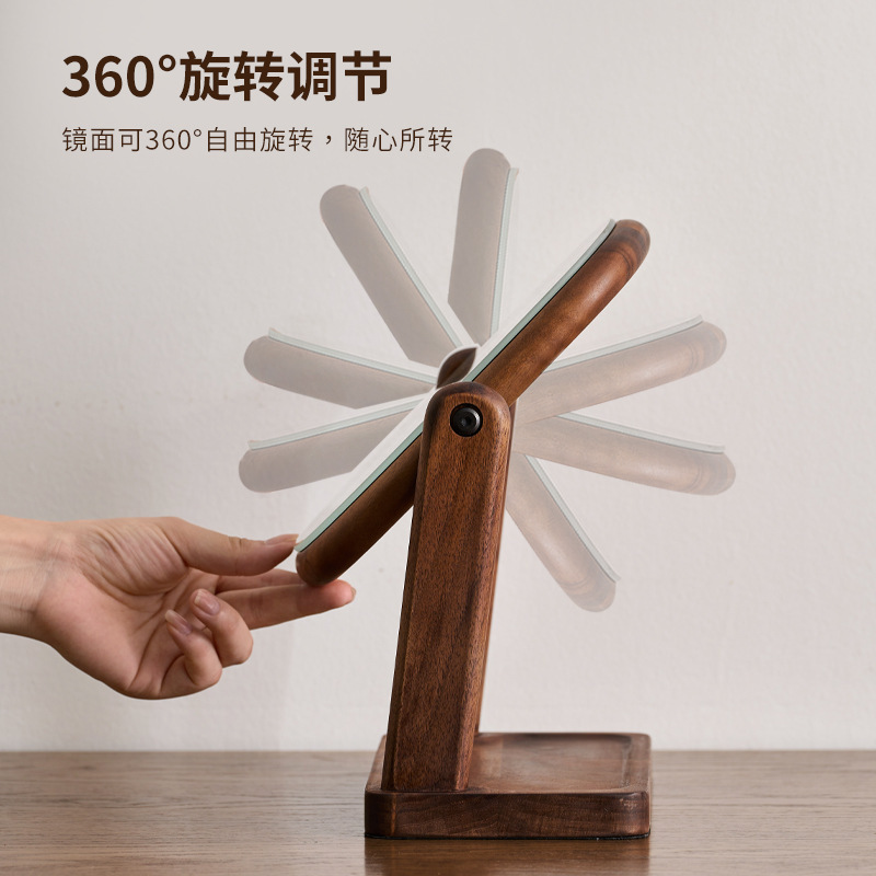 梳妆台化妆镜胡桃木质镜子边框桌面实木中古风可旋转道具高清化妆|undefined