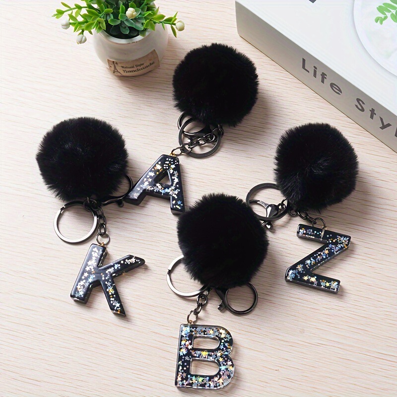 Resin Letter A- Z Letter Initial Pompom Keychain Cute Sequins Resin Key Chain Ring Bag Backpack Decoration