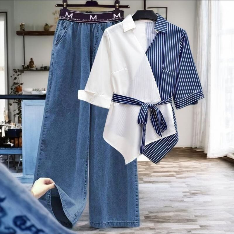 Plus-Size Women's Summer Outfit, Two-Piece Shirt Set, Slimming and Versatile, Two-Piece Set for the Job Search Season Plus-Size Women's Summer Outfit, Two-Piece Shirt Set, Slimming and Versatile, Two-Piece Set for the Job Search Season