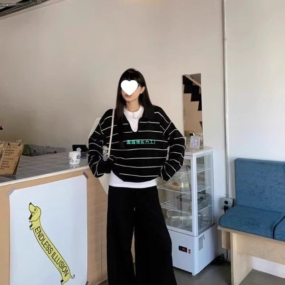 复古黑白条纹Polo领毛衣女秋冬设计感休闲宽松长袖针织衫日韩|undefined