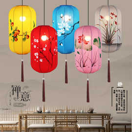 中式布艺手绘灯笼仿古典宫灯餐厅茶楼过道创意冬瓜长形布艺吊灯具