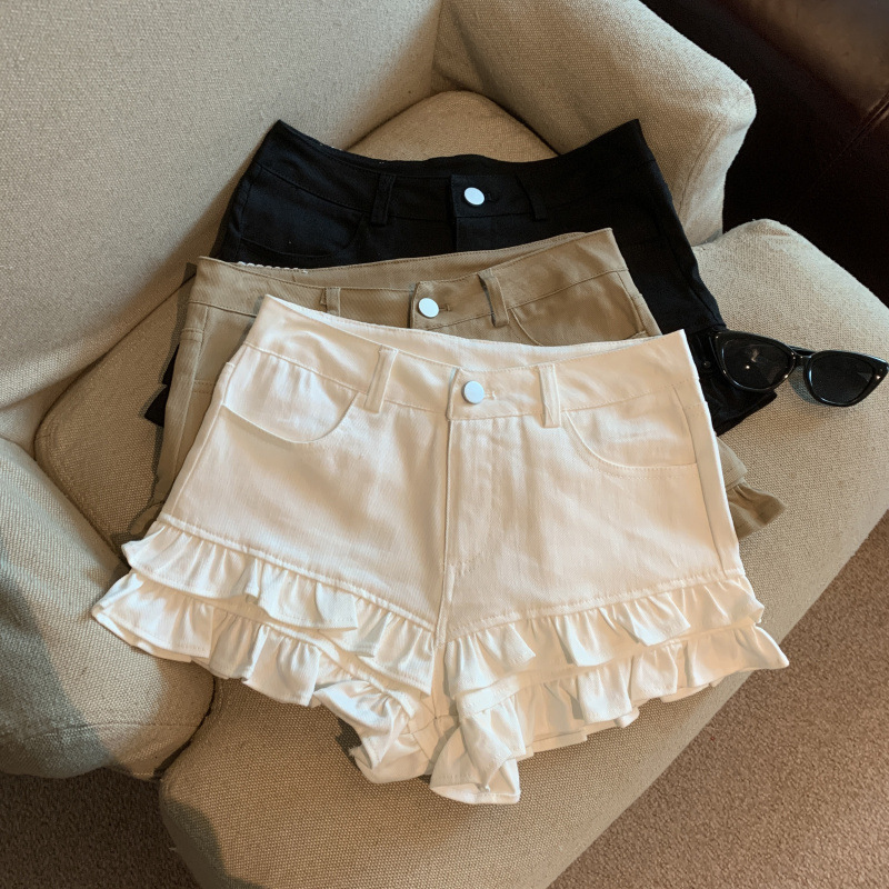 Sweet and Age-Reducing Double-Layer Ruffled Denim Shorts for Women, High-Waisted, Slim-Fitting, Versatile and Slimming Hot Pants