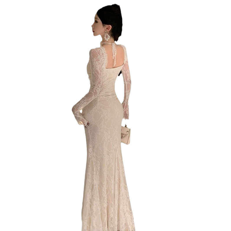 1636 유럽과 미국 국경 대외 무역 여성 의류 도매 섹시한 하이 엔드 센스 스퀘어 칼라 레이스 체인 저녁 원피스 원피스