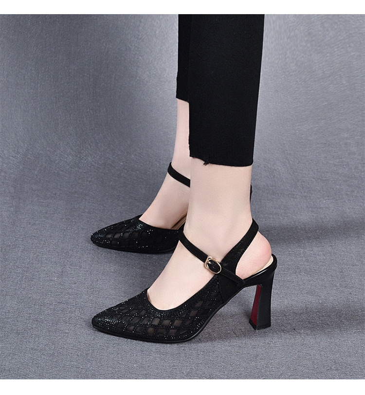 Sandal cao gót nữ mũi nhọn bít mũi lưới khoét lỗ, quai đơn, gót 3 cm — Gót vàng 3cm chi tiết 7