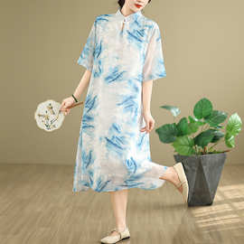 wyss7109文艺新中式印花改良立领旗袍裙2025夏季新款国风禅意茶服
