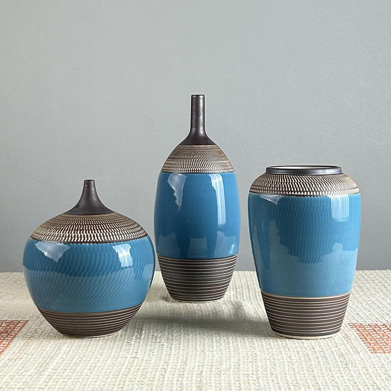 景德镇陶瓷花瓶复古三件套插花陶艺器具家居装饰品样板房间摆件