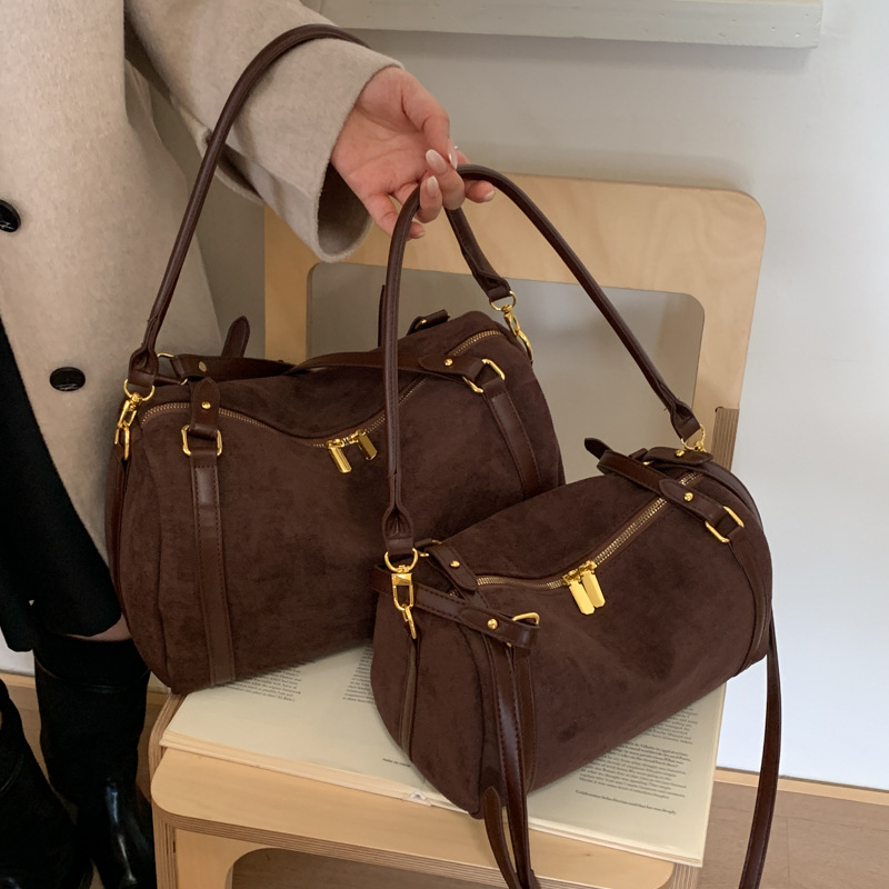 Cross-Border Retro Suede Boston Bag For Women, New Large Capacity Commuter Underarm Shoulder Bag, Trendy Crossbody Bag - Thumbnail 4