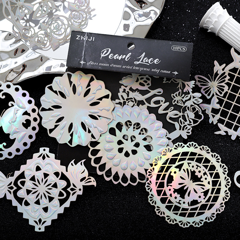 Pegatinas de tarjetas rígidas en relieve de papel hueco Silver Moon Dreamland serie retro tela de mano DIY material de decoración pegatinas