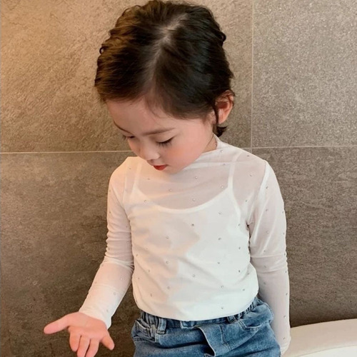 Ladies' Summer Lace Top Long Sleeve Mesh-like Korean T-shirt Children Transparent Embroidered Diamond Base Shirt