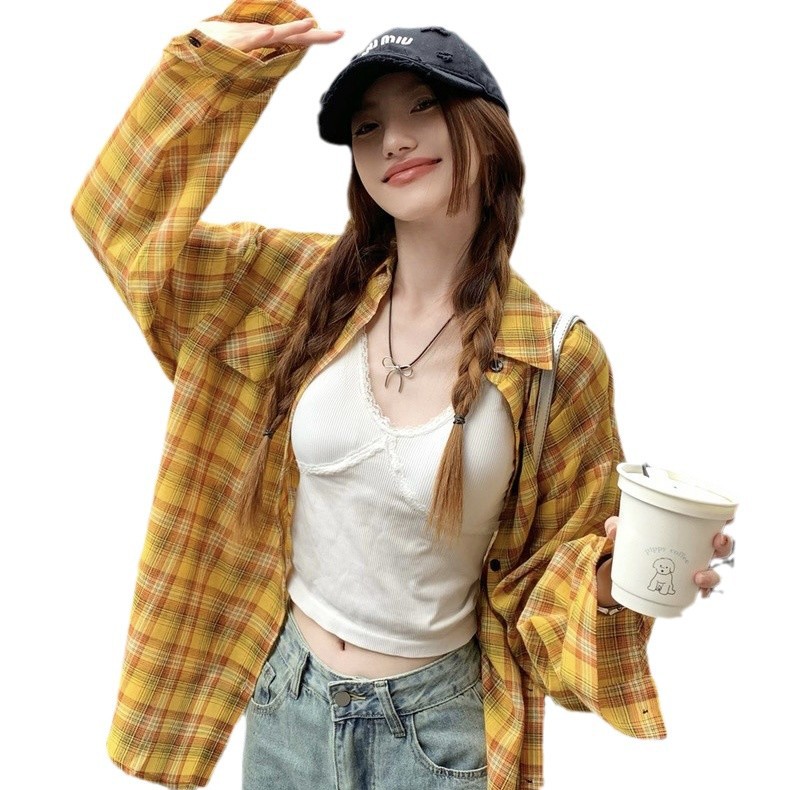 미국 스타일 레트로 노란색 격자 무늬 셔츠 코트 여성의 이른 가을 게으른 스타일 느슨한 캐주얼 태양 보호 격자 무늬 셔츠 탑