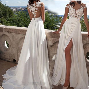 2025 European and American Export New Wedding Dress Evening Dress Toast Dress Amazon Sexy Lace Slit Dress Wholesale