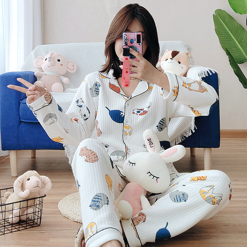 Cartoon Pajamas Women's Autumn and Winter Air Cotton Three-Layer Cotton Thickened Warm Long-Sleeved Outwear Large Size Home Clothes Suit