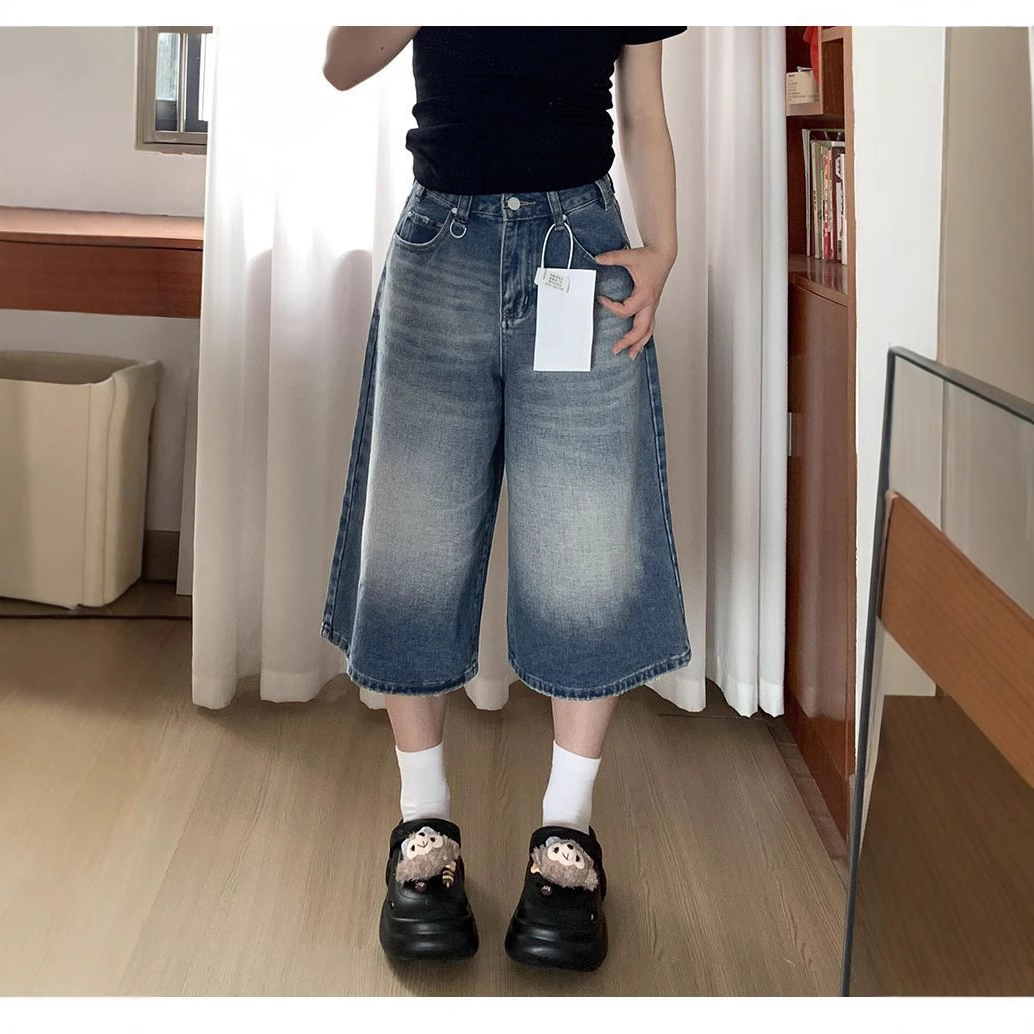 美式阔腿牛仔七分裤女夏季新款大码胖mm宽松显瘦梨形身材直筒短裤