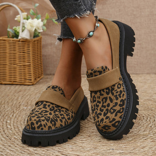 Cross-Border Export Large Size 35-43 Thick Heel Slip-On Loafers European and American Style Leopard Print British Internet Celebrity Hot Style