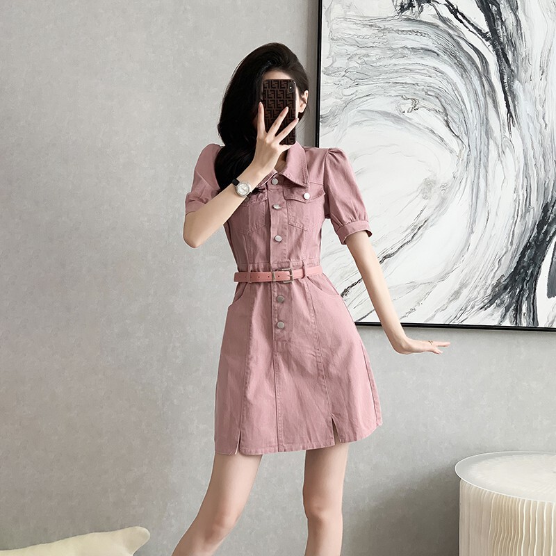 French rouge powder high waist bubble sleeve denim short dress cross-border Women's new high belt A- line skirt French rouge powder high waist bubble sleeve denim short dress cross-border Women's new high belt A- line skirt