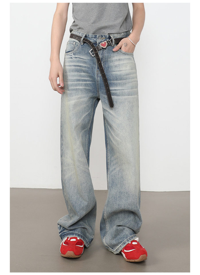 Quần jeans nam ống rộng dáng thẳng lưng giữa, phong cách retro, dài chấm gót — màu xanh chi tiết 11