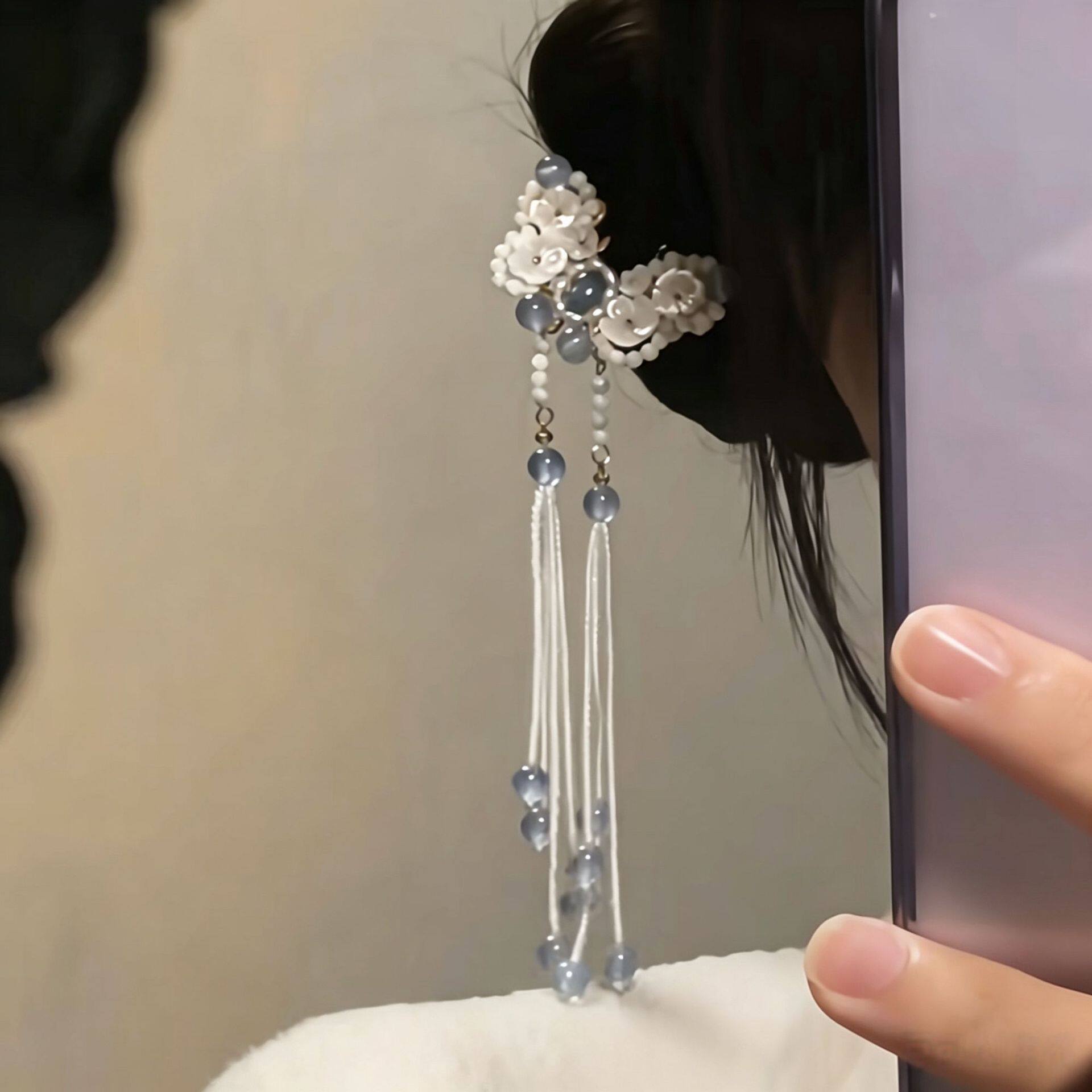 蓝烟暮雪~ 2026新款新中式流苏发梳 温柔清透汉服发饰步摇