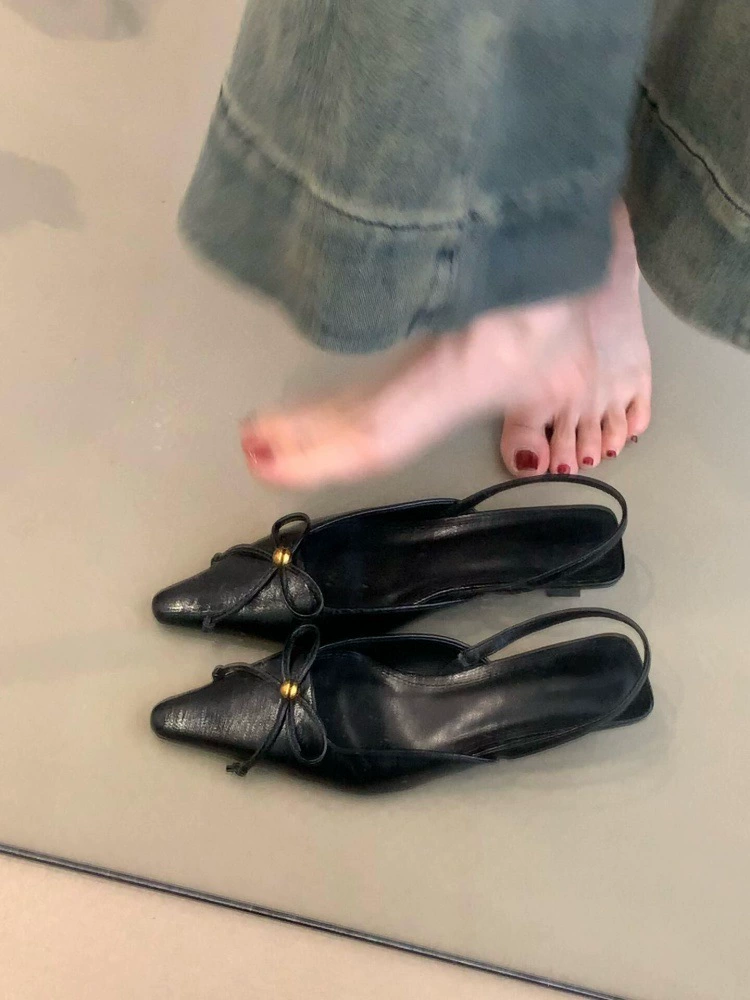 Версия из овчины ~ французские ретро-босоножки на каблуке-котенке с острым носком и бантом, женские туфли на низком каблуке с ремешком сзади