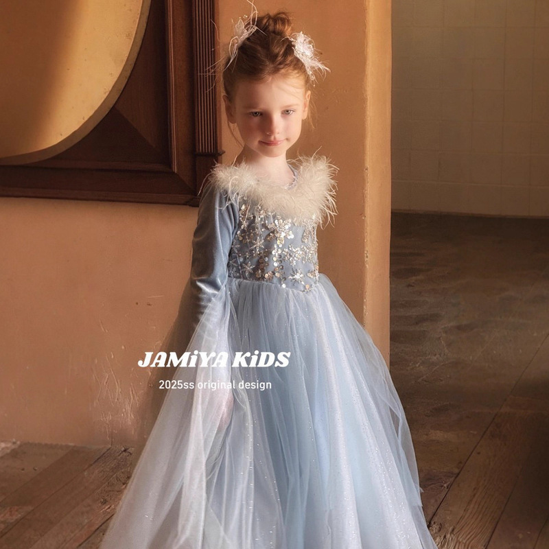 Jamiya女童公主裙2025秋冬儿童冰雪羽毛连衣裙女孩生日演出裙礼服|undefined