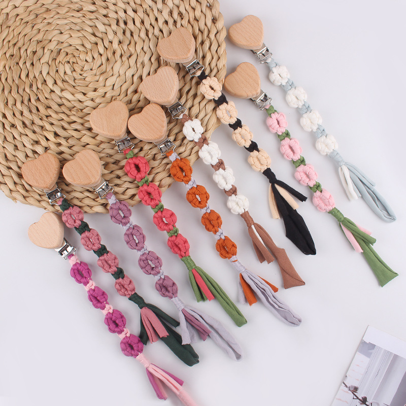 Nuevos productos para bebés, tela de algodón, cadena de chupete, pequeña margarita tejida a mano, chupete para bebés, cadena anti-caída