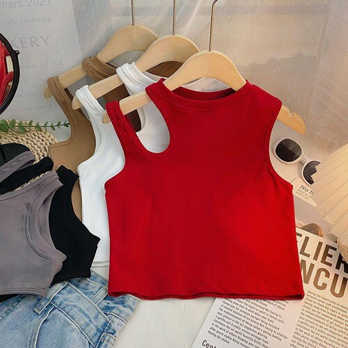 Summer Girl's Top Tank Top Baby Cute Kids Fashion Brand Korean Style Asymmetrical Shoulder Straps Solid Color Short Sleeve