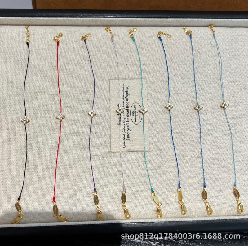 Ultra-Fine Summer Hand-Woven Colored Rope All-Over S925 Sterling Silver 3-Point D Color Moissanite Four-Leaf Clover Sterling Silver Bracelet for Women