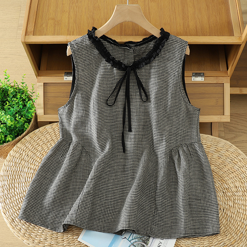 2026 Summer New Cotton and Linen Artistic Style Design Sleeveless Shirt Top for Women with Tie-Neck Lace and Yarn-Dyed Pattern 2026 Summer New Cotton and Linen Artistic Style Design Sleeveless Shirt Top for Women with Tie-Neck Lace and Yarn-Dyed Pattern