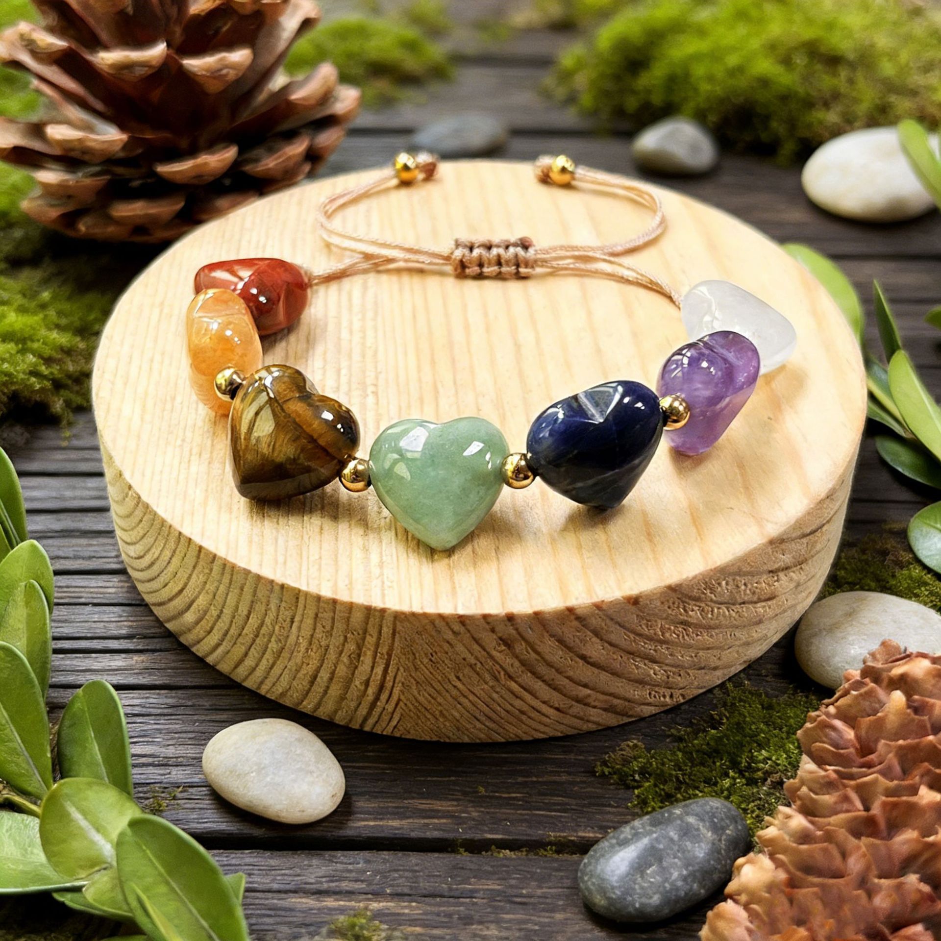 Cross-border bestseller natural multicolored stone woven bracelet, seven chakras heart-shaped adjustable crystal bracelet, direct export supply