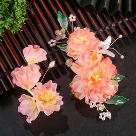 簪花头饰汉服绢花发饰花朵发夹古风头花发钗对夹套装古装饰品