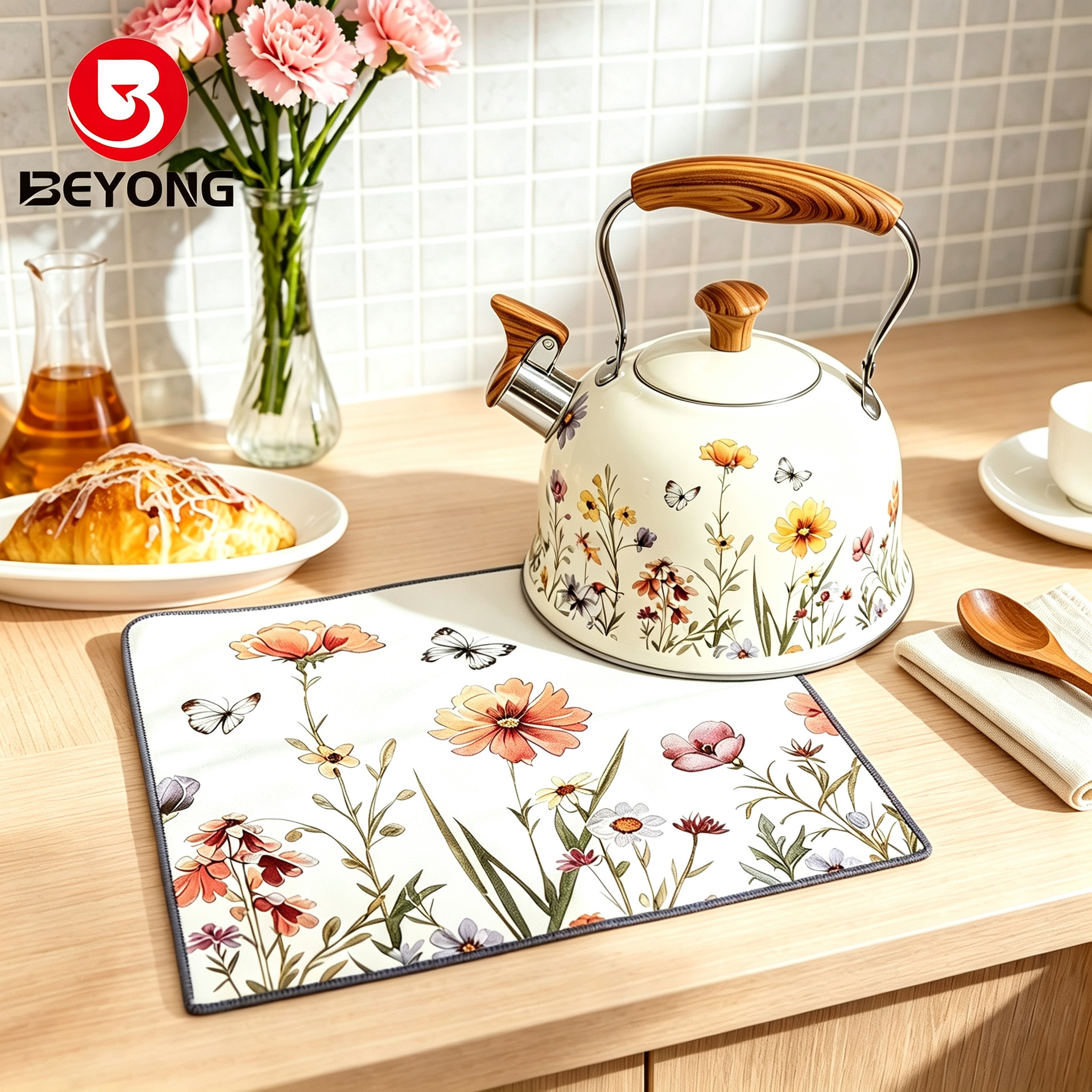 Thickened Stainless Steel Whistling Kettle 3L Spring-Style Fresh Floral Kettle Compatible with Gas and Induction Cookers