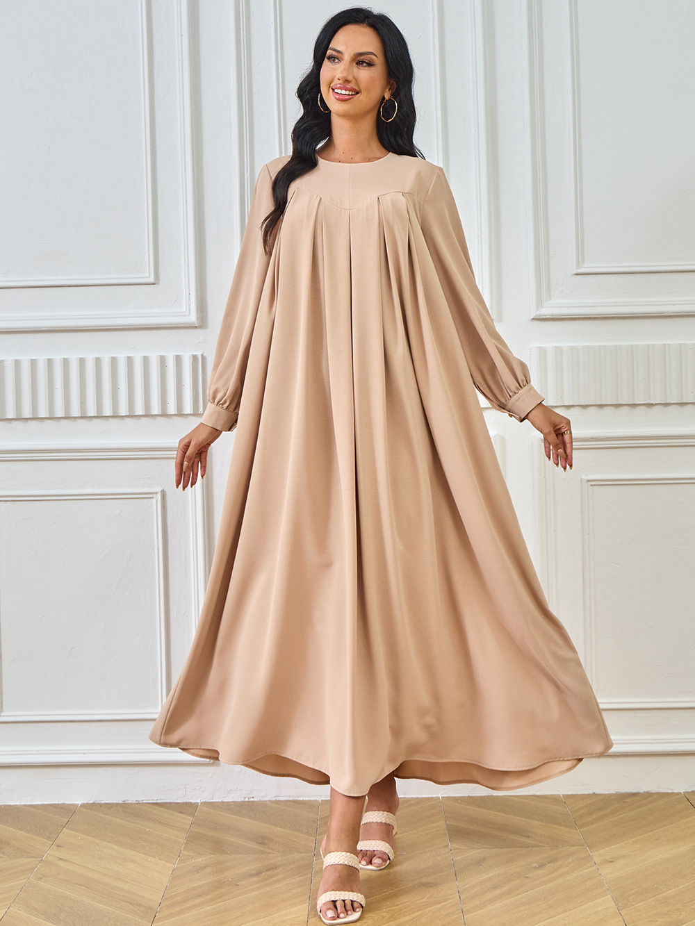 New Abaya Arab Cross-border Middle Eastern Muslim Robe Long-sleeved Solid Color Large Hem Dress Long Skirt Women's_ecoleips.com