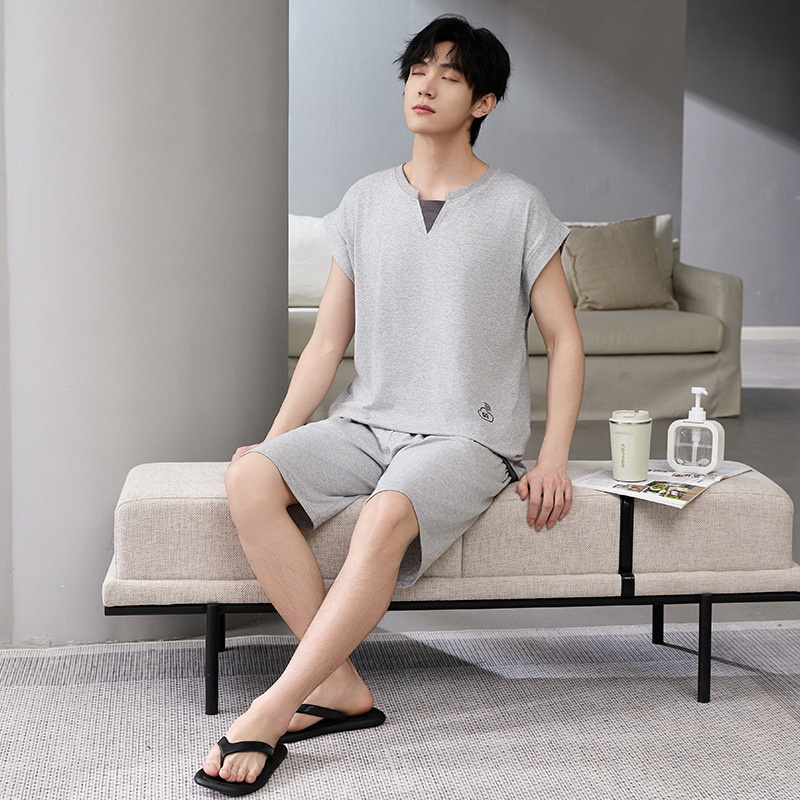 Pijamas Chaleco para hombre Verano sin mangas Pantalones cortos para hombre Simple Adolescente Verano fresco Cool Algodón Conjunto de ropa para el hogar