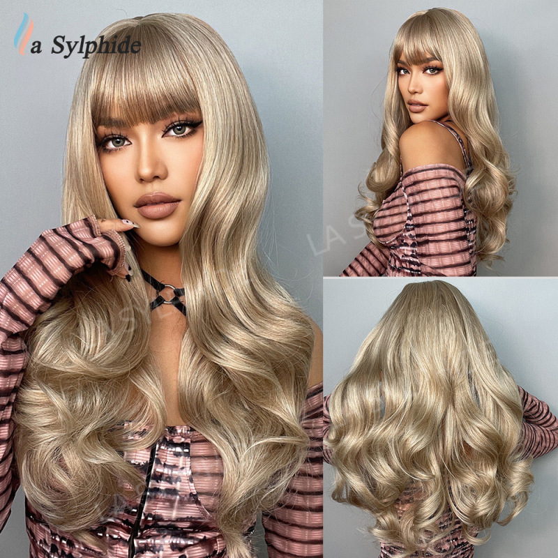 国境を越えた欧米のかつらの女性hairチー前髪長いカールグラデーションホワイトゴールド新製品メカニズム化繊頭カバーwigs|undefined