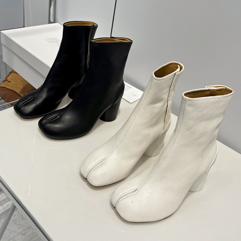 High-End Light Luxury Mm6 Women's Shoes, Pig Trotter Sheepskin Mid-Calf Women's Boots, Chelsea Boots, Margiela High-Heeled Split-Toe Women's Ankle Boots