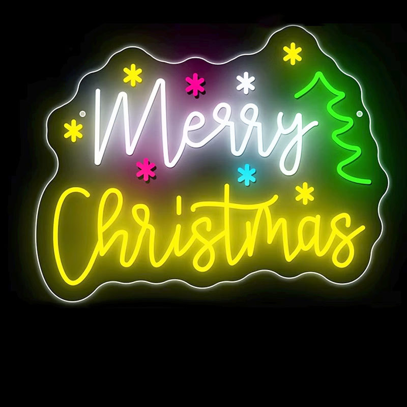 Christmas LED neon sign with button-controlled color-changing mode and USB power interface.