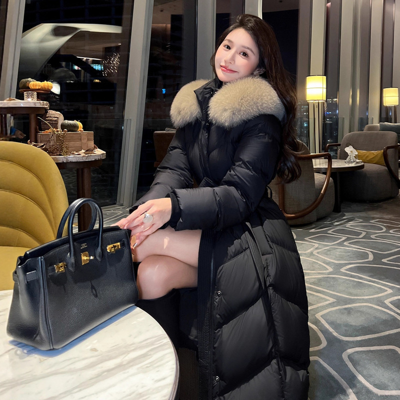 High-Quality Fox Fur Collar Waist-Cinching Long down Jacket for Women, 2025 Winter New Over-The-Knee Warm Thick Coat