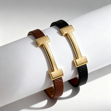 跨境新款时尚皮绳手链简约大气工字PU皮扁绳棕色手环欧美文艺配饰