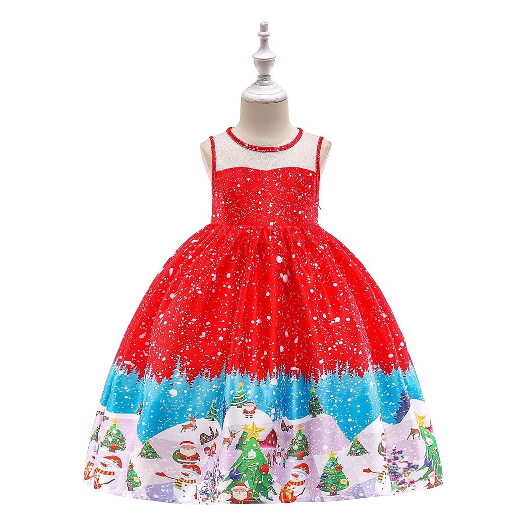 Navidad ropa para niños vestido Comercio exterior nueva historieta impresa satén rendimiento Navidad danza rendimiento falda de las mujeres
