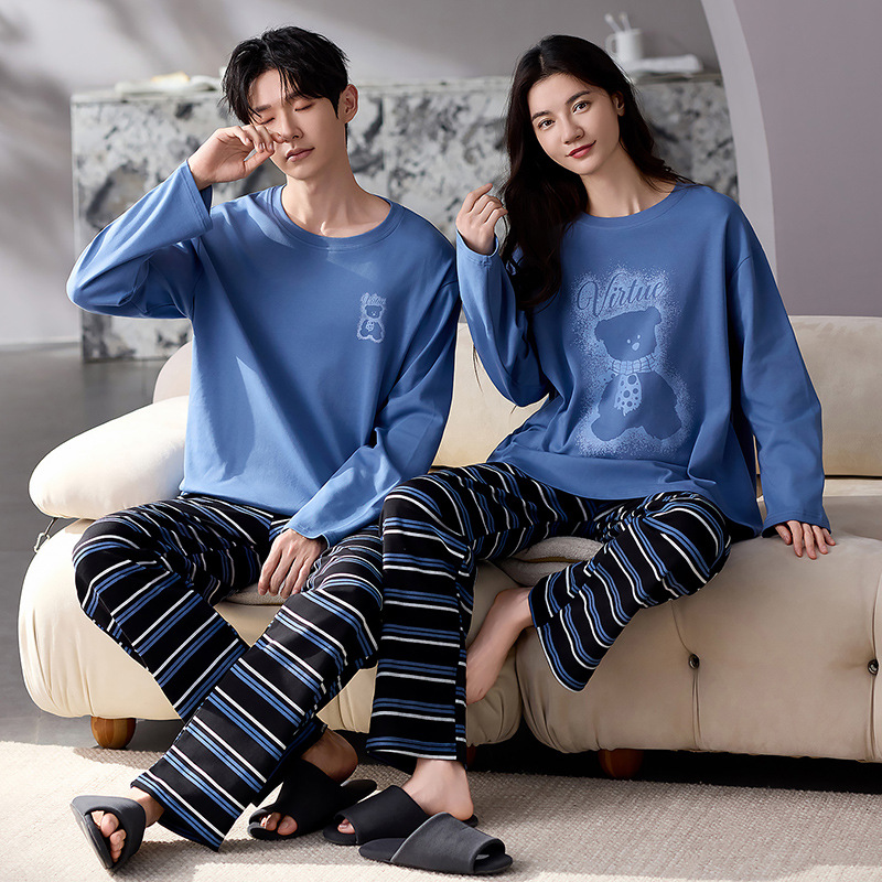 【纯棉拉架棉】情侣睡衣新款秋季长袖套头纯棉睡衣女士家居服男款