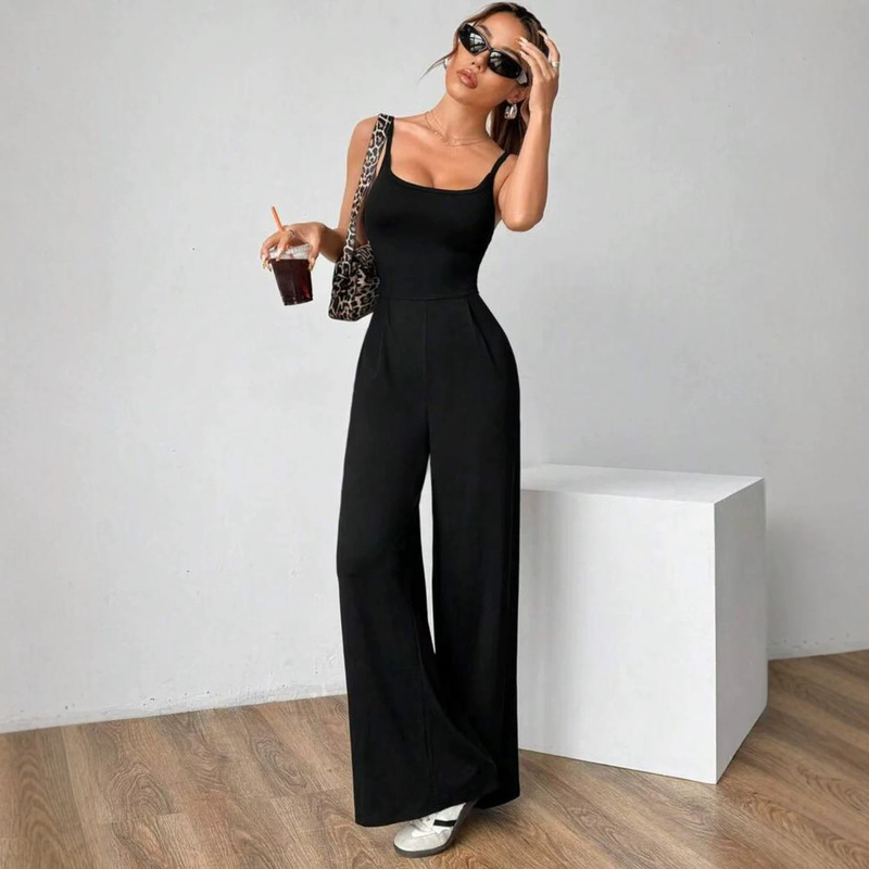 G25J090-2025 European and American High-End Women's Fashion Solid Color Flared Pants Backless Strap Casual Jumpsuit for Women