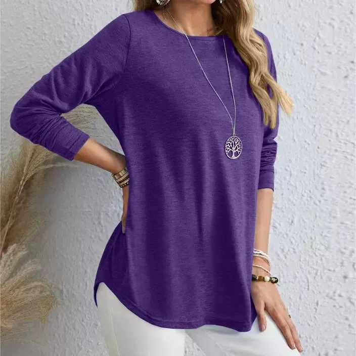 2025欧美秋季跨境亚马逊热卖新款女装百搭弧形下摆纽扣长袖女T恤