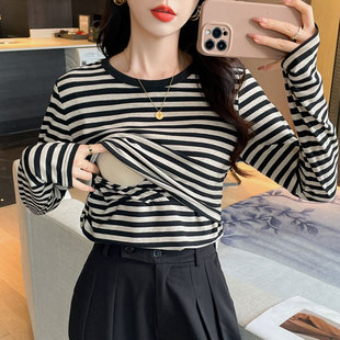 Postpartum Breastfeeding Clothes Spring and Autumn Fashion Going Out Breastfeeding Clothes Hot Mom Breastfeeding Pure Cotton Striped T-shirt Loose Moon Dress
