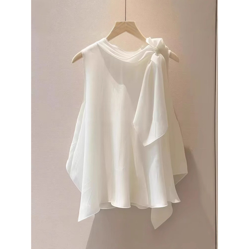 French-Style Beautiful and Chic Blouse for Petite Figures, White Tie-Bow Sleeveless Scarf Collar Chiffon Shirt French-Style Beautiful and Chic Blouse for Petite Figures, White Tie-Bow Sleeveless Scarf Collar Chiffon Shirt