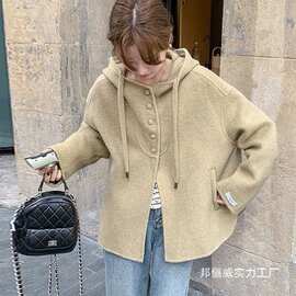 短款外套大衣女秋冬2025新款小个子宽松短款连帽毛呢羊毛外套